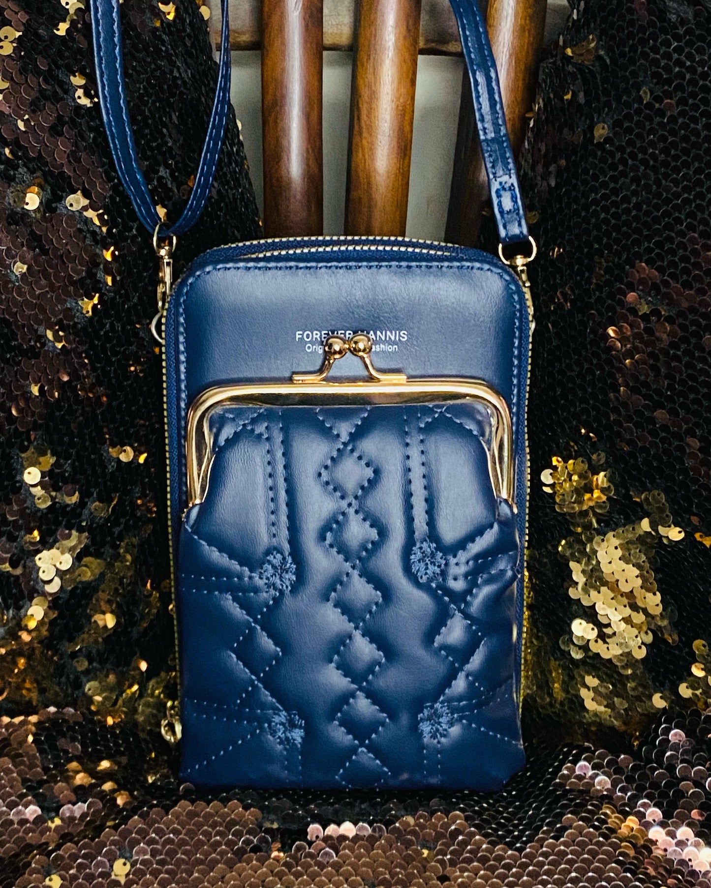 Elegant Women's Clutch – Compact Blue Crossbody Handbag with Gold Zipper & Stylish Design