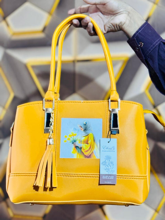 Yellow Stylish Handbag for Women β Trendy Shoulder Bag with Tassel & Floral Print