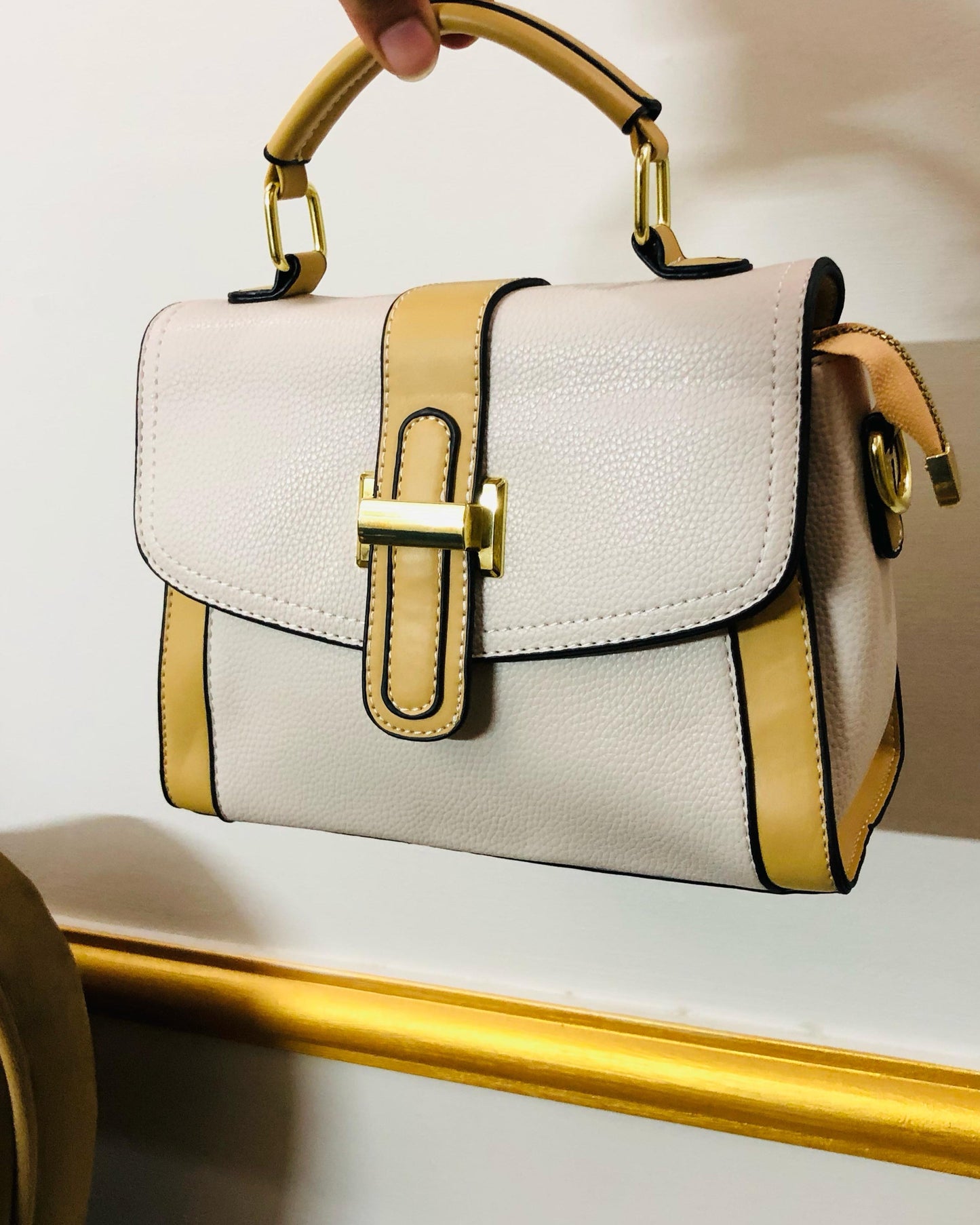 White & Beige Premium Leather Handbag