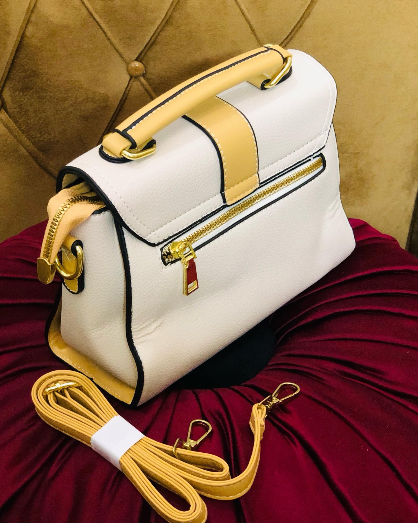 White & Beige Premium Leather Handbag