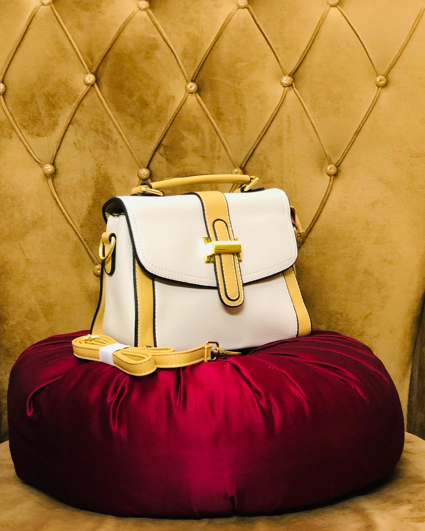 White & Beige Premium Leather Handbag
