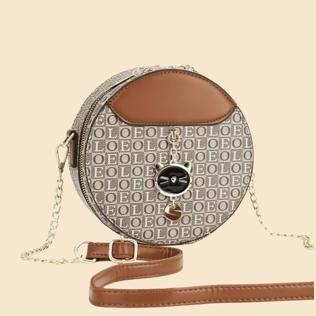 Round Crossbody Handbag for Women – Stylish PU Leather Bag with Cute Cat Keychain