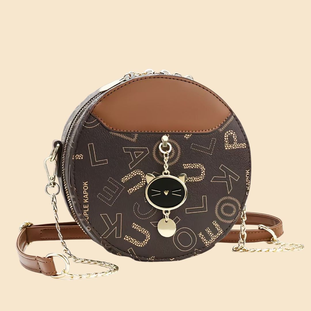 Round Crossbody Handbag for Women – Stylish PU Leather Bag with Cute Cat Keychain